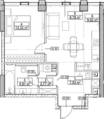 Планировка — Сити Бэй, 2-комн., 48 м²