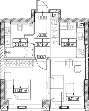 Планировка — Сити Бэй, 2-комн., 38 м²