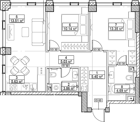 Планировка — Сити Бэй, 3-комн., 62 м²
