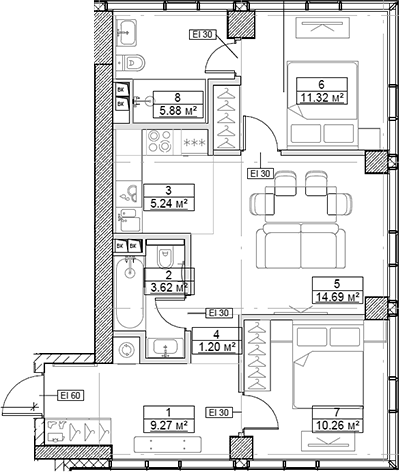 Планировка — Сити Бэй, 3-комн., 61 м²