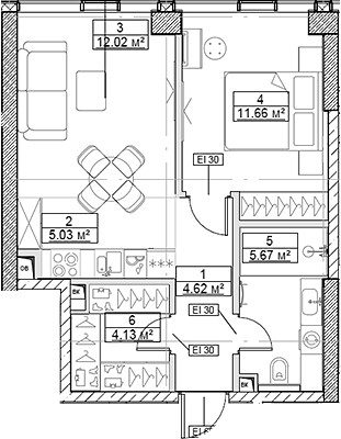 Планировка — Сити Бэй, 2-комн., 43 м²