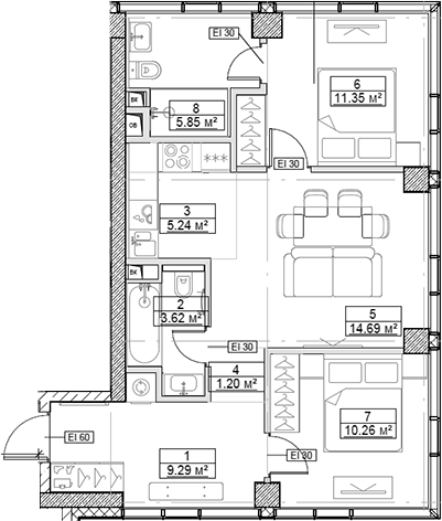 Планировка — Сити Бэй, 3-комн., 62 м²