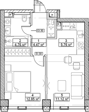Планировка — Сити Бэй, 2-комн., 39 м²