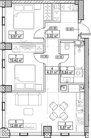 Планировка — Сити Бэй, 3-комн., 56 м²