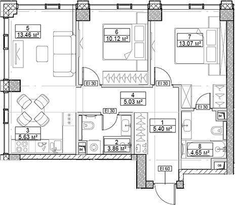 Планировка — Сити Бэй, 3-комн., 61 м²