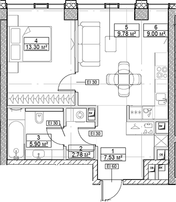 Планировка — Сити Бэй, 2-комн., 48 м²