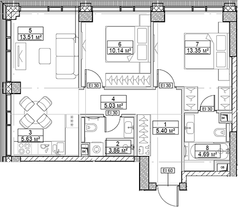 Планировка — Сити Бэй, 3-комн., 62 м²