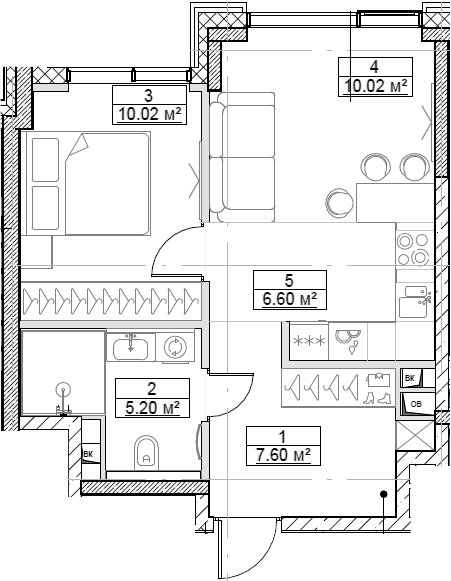Планировка — Сити Бэй, 2-комн., 39 м²