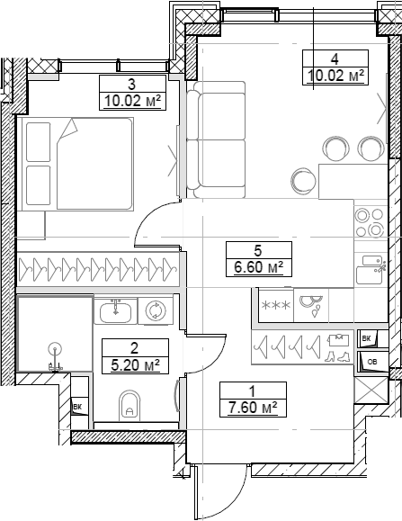 Планировка — Сити Бэй, 2-комн., 39 м²