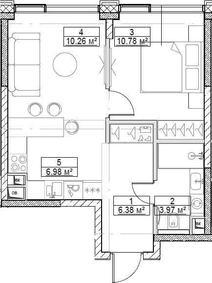 Планировка — Сити Бэй, 2-комн., 38 м²