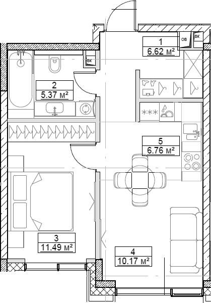 Планировка — Сити Бэй, 2-комн., 40 м²