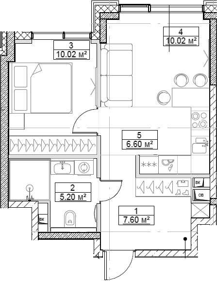 Планировка — Сити Бэй, 2-комн., 39 м²