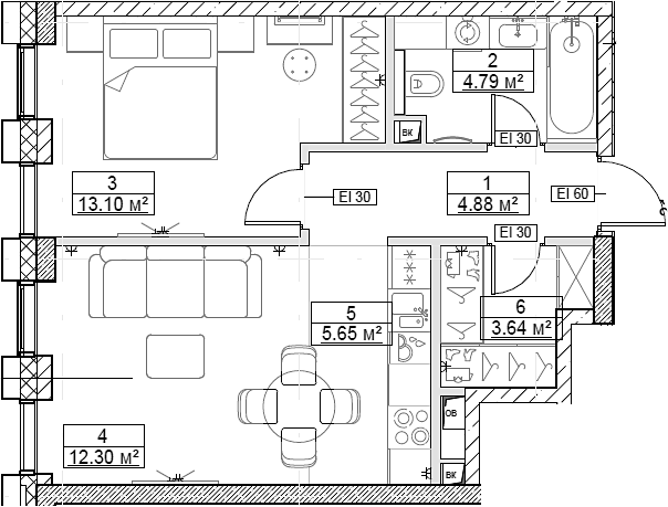 Планировка — Сити Бэй, 2-комн., 44 м²