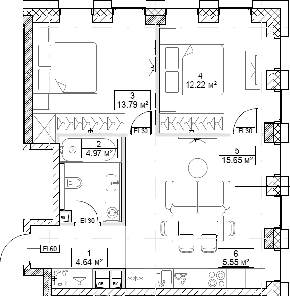 Планировка — Сити Бэй, 3-комн., 57 м²
