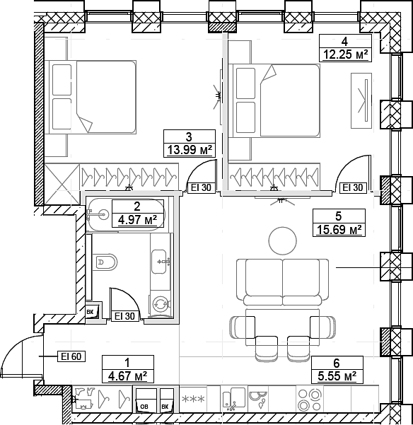 Планировка — Сити Бэй, 3-комн., 57 м²