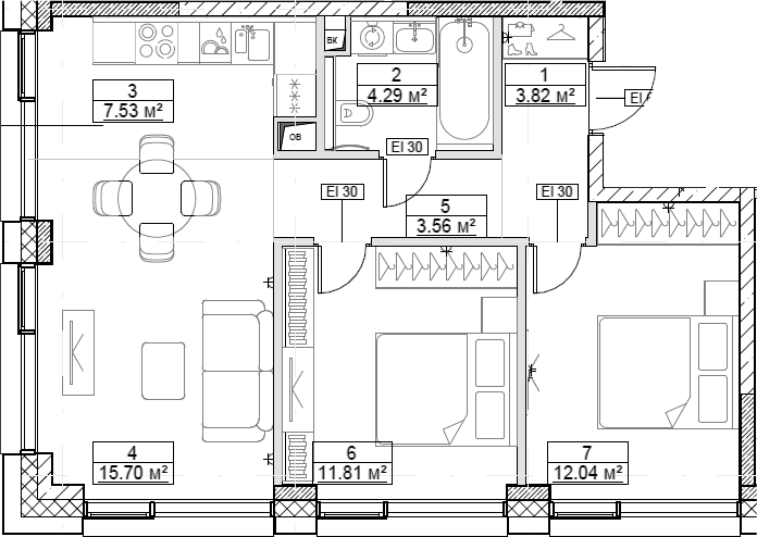 Планировка — Сити Бэй, 3-комн., 59 м²