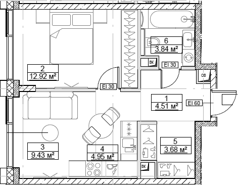 Планировка — Сити Бэй, 2-комн., 39 м²