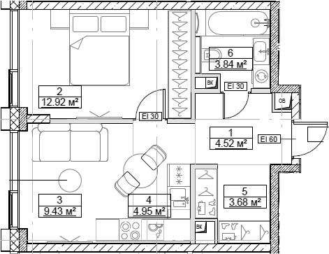 Планировка — Сити Бэй, 2-комн., 39 м²