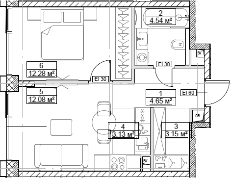 Планировка — Сити Бэй, 2-комн., 40 м²