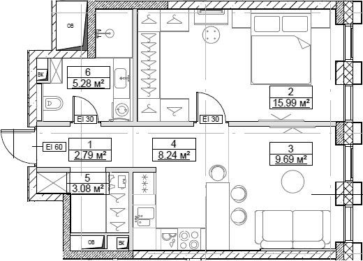 Планировка — Сити Бэй, 2-комн., 45 м²