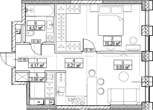 Планировка — Сити Бэй, 2-комн., 46 м²