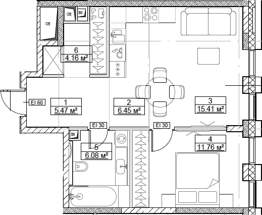Планировка — Сити Бэй, 2-комн., 49 м²