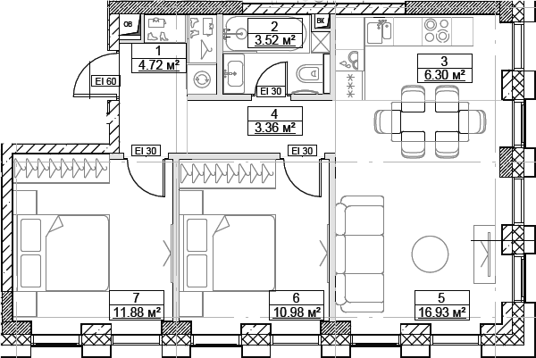 Планировка — Сити Бэй, 3-комн., 58 м²