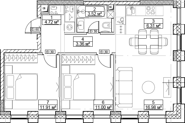 Планировка — Сити Бэй, 3-комн., 58 м²