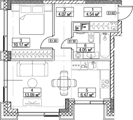 Планировка — Сити Бэй, 2-комн., 42 м²
