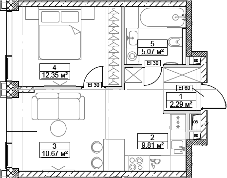Планировка — Сити Бэй, 2-комн., 40 м²