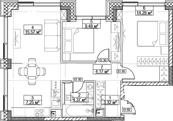 Планировка — Сити Бэй, 3-комн., 58 м²