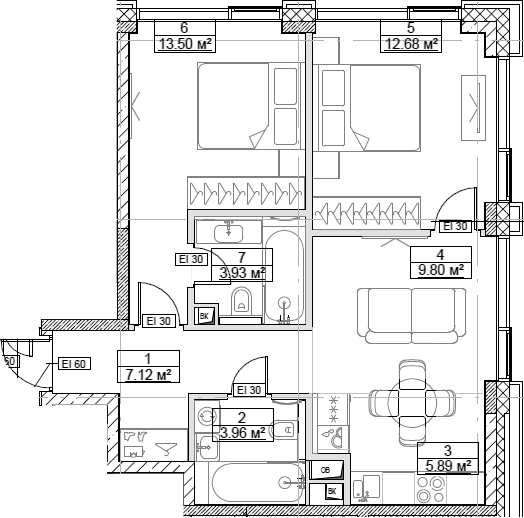 Планировка — Сити Бэй, 3-комн., 57 м²