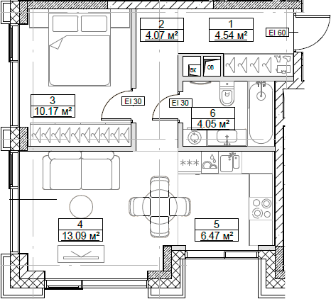 Планировка — Сити Бэй, 2-комн., 42 м²
