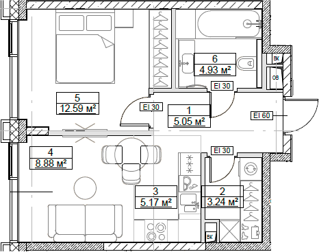 Планировка — Сити Бэй, 2-комн., 40 м²