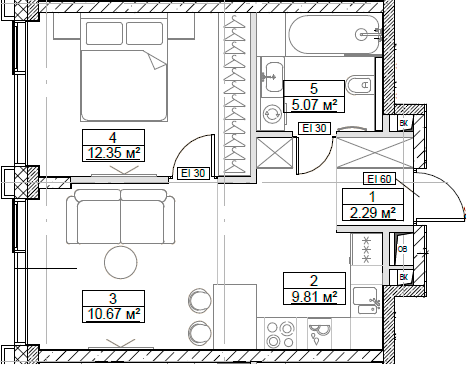 Планировка — Сити Бэй, 2-комн., 40 м²