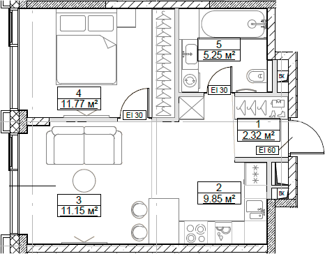 Планировка — Сити Бэй, 2-комн., 40 м²