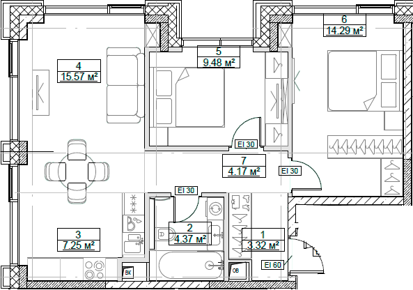 Планировка — Сити Бэй, 3-комн., 58 м²