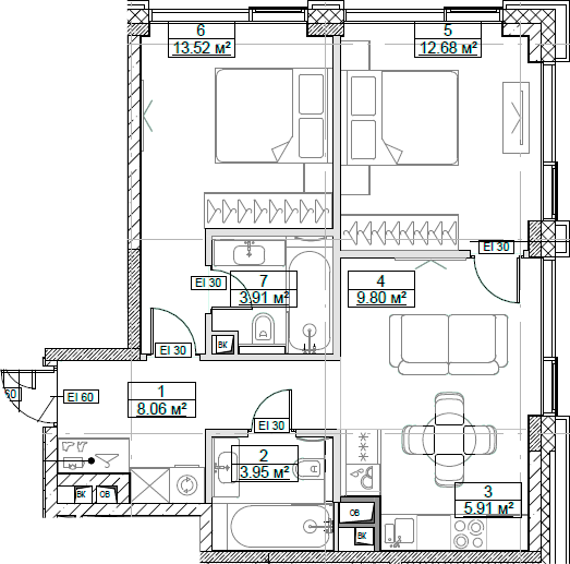 Планировка — Сити Бэй, 3-комн., 58 м²