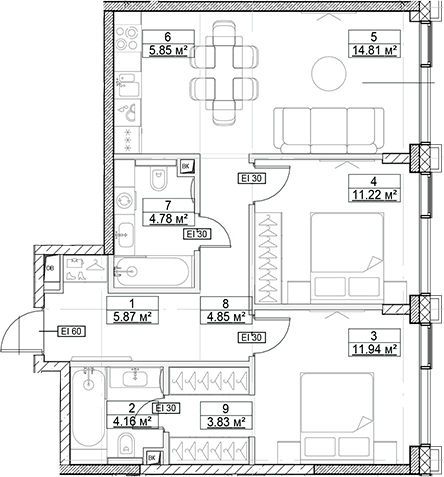 Планировка — Сити Бэй, 3-комн., 67 м²