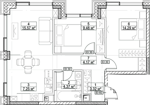 Планировка — Сити Бэй, 3-комн., 58 м²