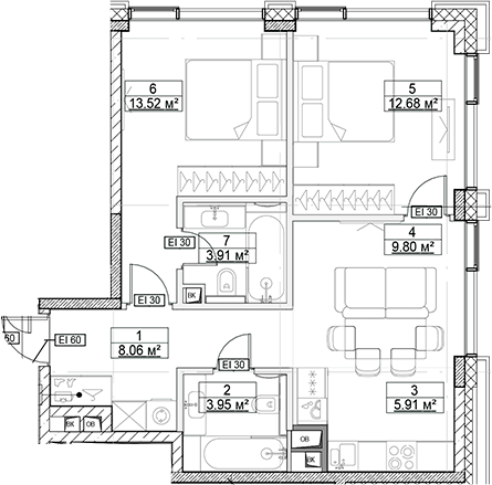 Планировка — Сити Бэй, 3-комн., 58 м²