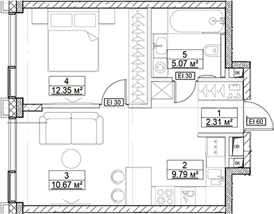 Планировка — Сити Бэй, 2-комн., 40 м²