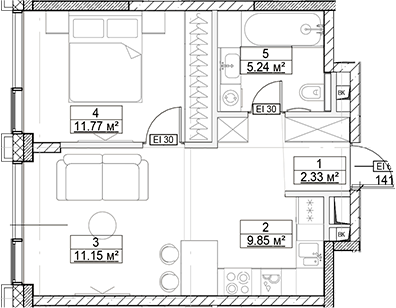 Планировка — Сити Бэй, 2-комн., 40 м²