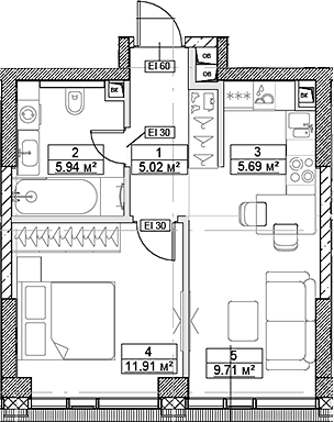 Планировка — Сити Бэй, 2-комн., 38 м²
