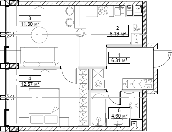 Планировка — Сити Бэй, 2-комн., 43 м²