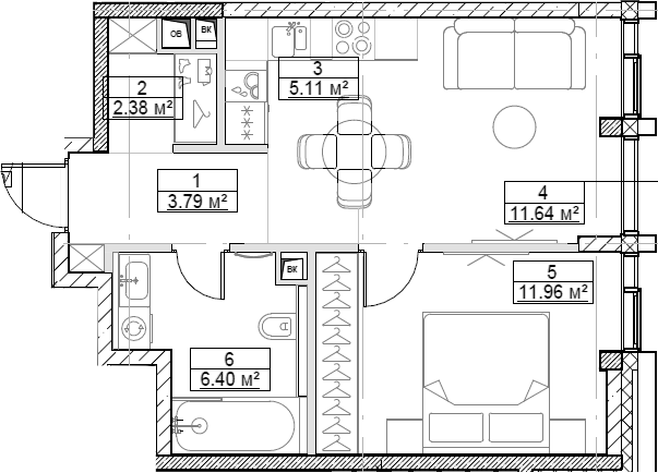 Планировка — Сити Бэй, 2-комн., 40 м²