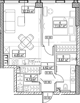 Планировка — Сити Бэй, 2-комн., 43 м²