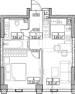 Планировка — Сити Бэй, 2-комн., 38 м²