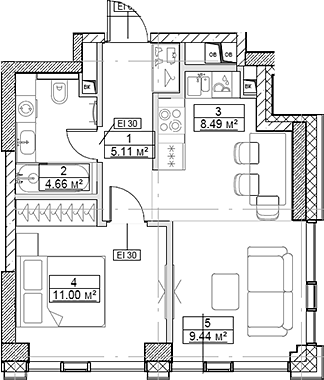 Планировка — Сити Бэй, 2-комн., 39 м²