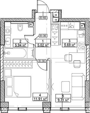 Планировка — Сити Бэй, 2-комн., 38 м²